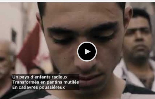 The image appears to depict a serious scene involving individuals in a somber context. It includes text in French that translates to: "A country of radiant children Transformed into mutilated puppets In dusty corpses." This suggests themes of loss, suffering, and possibly the impact of conflict or violence on children and society. The overall tone seems to convey a deep sense of sorrow and critique regarding the situation being referenced.