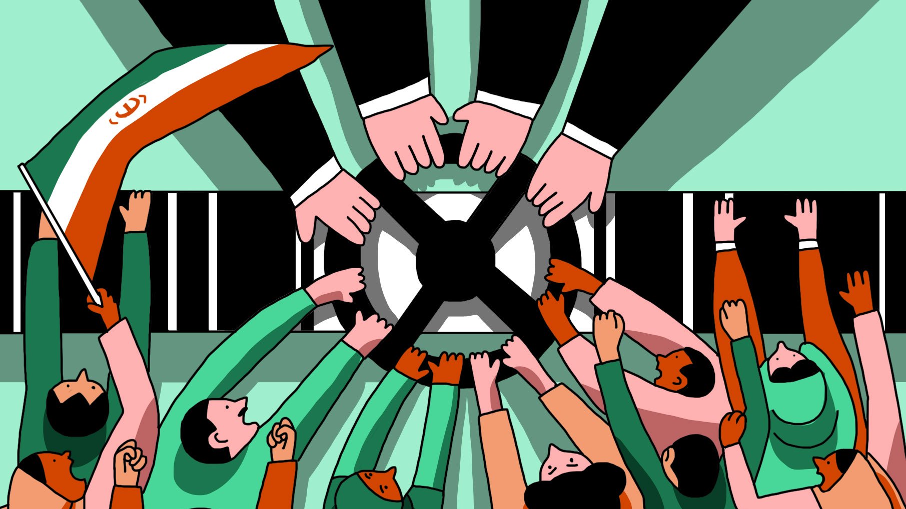 در این تصویر، گروهی از افراد با دستانی که به سمت یک نقطه مرکزی در حال حرکت هستند، نمایش داده شدهاند. برخی از آنها پرچم ایران را در دست دارند. فضای کلی تصویر به صورت گرافیکی و رنگارنگ طراحی شده است، و نشاندهنده تعامل و همبستگی میان مردم است. افراد با پوششهای مختلف، به وضوح نشاندهنده تنوع در جامعه هستند. موضوع کلی تصویر به اتحاد و همبستگی اشاره دارد.