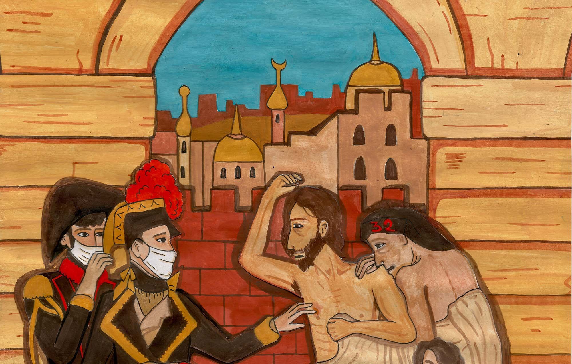 تصویر نشاندهنده یک صحنه تاریخی یا داستانی است که در آن چندین شخصیت در یک محیط معماری قدیمی و برجسته قرار دارند. در پسزمینه، شهر با گنبدها و بناهای خاص دیده میشود. در جلو، چند نفر در حال تعامل هستند؛ یکی از شخصیتها بهنظر میرسد در لباس نظامی است و به دیگران اشاره میکند. دیگر شخصیتها در حال نمایش احساسات مختلف هستند و به نظر میرسد که در یک موقعیت بحرانی قرار دارند. رنگها و جزئیات نقاشی به صحنه عمق و زندگی میبخشد.