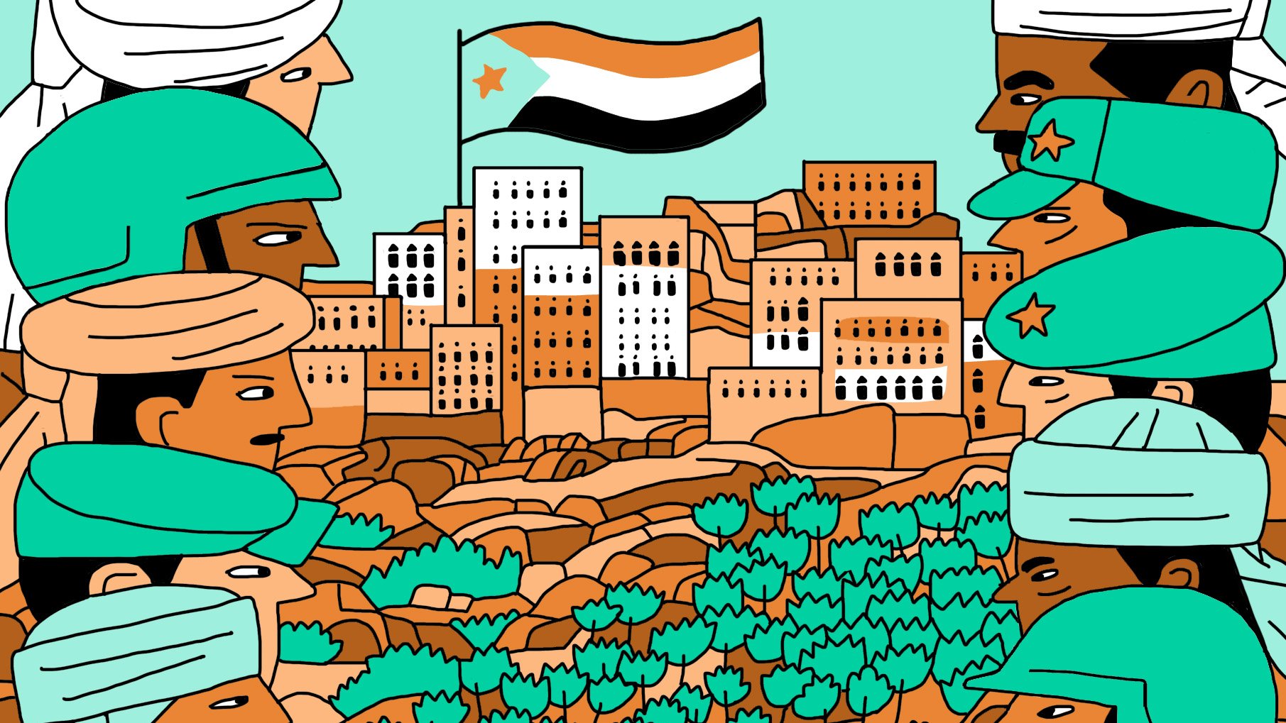 این تصویر نمایی انتزاعی از وضعیت نظامی یا سیاسی در یک منطقه کوهستانی را نشان میدهد. در پسزمینه، خانههایی با معماری سنتی در کنار یک کوه قرار دارند و پرچم یمن که دارای نوارهای سیاه، سفید و نارنجی است در بالای آسمان به اهتزاز درآمده است. در جلو، شخصیتهای انسانی با پوششهای نظامی و سرپوشهای مختلف قرار دارند که به نظر میرسد در حال تبادل نظر یا بحث در مورد موضوعی مهم هستند. رنگها در تصویر شاد و متنوع هستند، با استفاده از سبز، قهوهای و رنگهای گرم.