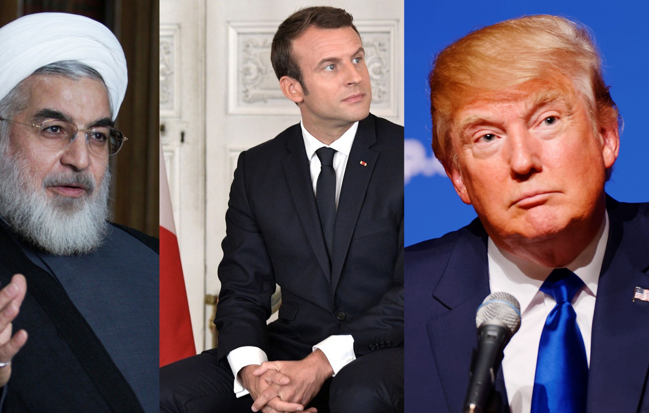 این تصویر شامل سه نفر است که به ترتیب از چپ به راست به نمایش گذاشته شدهاند. شخص اول، کسی با ریش و عمامه سفید است که به نظر میرسد یک شخصیت مذهبی و سیاسی باشد. شخص دوم، جوانتر به نظر میرسد و به عنوان یک مرد با موهای کوتاه و لباس رسمی در حال نشستن تصویر شده است. شخص سوم، مردی با موهای روشن و حالت چهرهای جدی دارد و در حال نگاه کردن به دوربین است. هر سه نفر به نوعی نمایندگان کشورهای خود هستند و تصویر به یک موضوع سیاسی اشاره دارد.