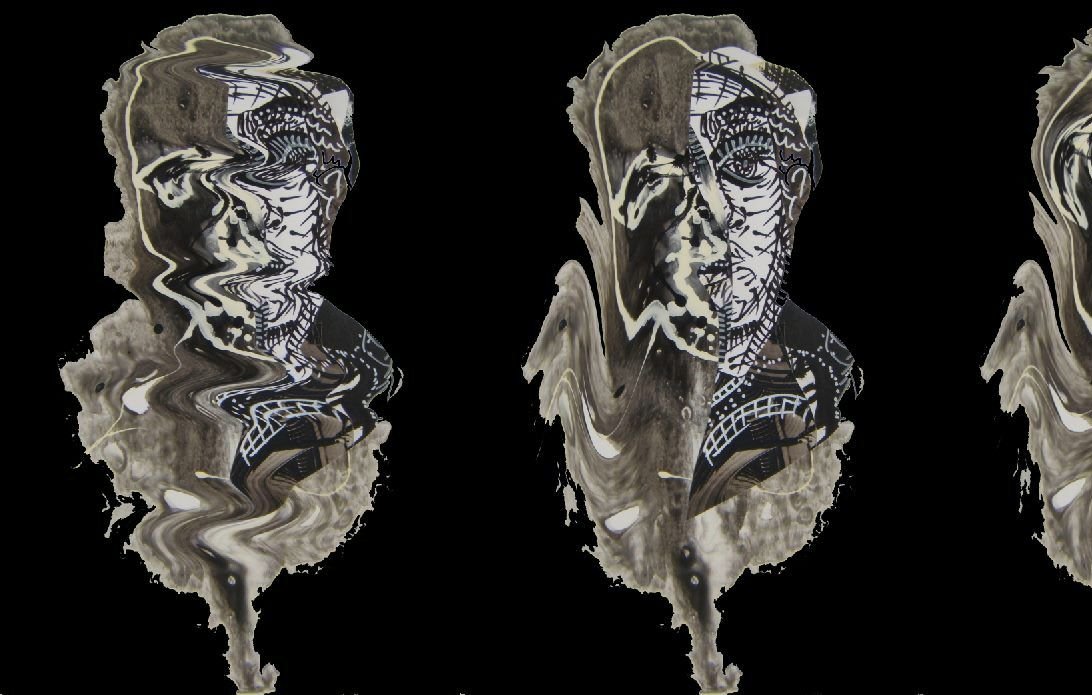 این تصویر سه نسخه از یک چهره را نشان میدهد که به صورت انتزاعی و با اثرات پیچیدهای متشکل از خطوط و شکلها نمایش داده شده است. چهرهها به نوعی دچار تحریف شدهاند و ویژگیهای آنها به حالت موجدار و نامشخص درآمده است. پسزمینه تصویر سیاه است و این باعث میشود که چهرهها بیشتر به چشم بیایند. کلیت اثر حس خاصی از عدم قطعیت و تغییر شکل را منتقل میکند.