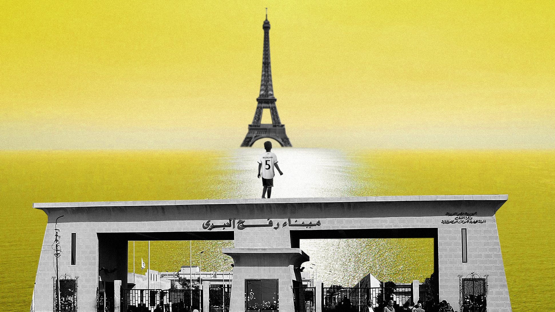 این تصویر ترکیبی از عناصر مختلف است که با پسزمینه زرد رنگ نمایش داده شده است. در مرکز تصویر، برج ایفل دیده میشود که بهطور نمادین با رنگهای تک رنگ به تصویر کشیده شده است. در جلوی تصویر، یک ساختمان بزرگ با نوشتهای به زبان عربی قرار دارد. فردی که به وضوح شماره ۷۵ را بر روی پیراهن خود دارد، روی این ساختمان ایستاده است و به سمت برج ایفل نگاه میکند. این ترکیب، حس کنجکاوی و زیبایی را منتقل میکند و میتواند نماد فرهنگی یا اجتماعی خاصی باشد.