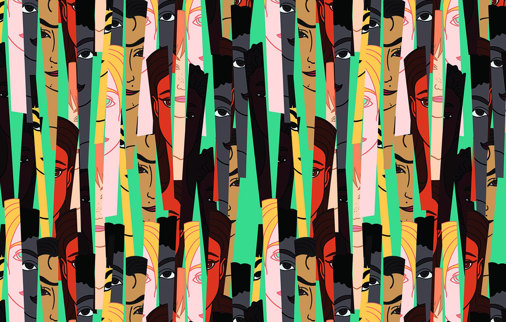 این تصویر یک الگوی هنری انتزاعی را نشان میدهد که شامل چهرههای مختلف انسانهاست. چهرهها در رنگهای متنوع و با جزئیات متفاوتی طراحی شدهاند و در بین آنها نوارهایی از رنگهای مختلف وجود دارد که به ایجاد حس عمق و حرکت کمک میکند. ترکیب رنگها و شکلها حس تنوع و چندگانگی را منتقل میکند.