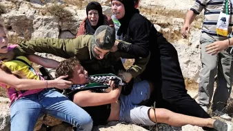 تصویر نشاندهنده یک صحنه تنشزا است که در آن چند نفر در حال مقاومت یا کمک به یکدیگر هستند. تعدادی از افراد در حال تعامل با یک نظامی به نظر میرسند و برخی از آنها به وضوح نگران و هیجانزده به نظر میرسند. این تصویر ممکن است به یک واقعه یا اعتراض خاص مرتبط باشد. زمینه صحنه طبیعی و سنگی است که احساس وخامت موقعیت را بیشتر میکند.