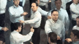 این تصویر، نقاشیای را به نمایش میگذارد که تعدادی مرد در لباسهای سفید را نشان میدهد. آنها در حال اشاره به یکدیگر هستند و حالتهای مختلفی دارند. این ترکیب، فضایی پیچیده و غیرواقعی را ایجاد میکند که ممکن است به مسایل اجتماعی یا روانشناختی اشاره داشته باشد. حرکتها و حرکات بدن آنها حس تعارض یا گفتگو را منتقل میکند. رنگها عمدتاً ملایم و خنثی هستند که به تصویر حس خاصی میبخشد.