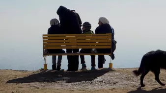 در این تصویر، تعدادی از افراد در حال نشستن بر روی یک نیمکت زرد رنگ هستند. آنها به سمت یک چشمانداز زیبا و دوردست نگاه میکنند. چهار نفر در صحنه دیده میشوند: سه نفر از آنها نشستهاند و یک نفر، که احتمالاً بزرگتر است، پشت به دوربین ایستاده و به آنها توجه دارد. هوا صاف به نظر میرسد و درای پسزمینهای مهآلود است. همچنین یک سگ سیاه رنگ نیز در گوشه تصویر دیده میشود. حس کلی تصویر آرامش و دوستی را منتقل میکند.