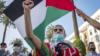 در این تصویر، مردی در حال برگزاری یک تجمع یا اعتراض است. او با افتخار پرچم فلسطین را در دست دارد و دستش را بالا برده است. چهرهاش نشاندهنده احساسات عاطفی و شور و شوق است. او همچنین ماسکی به خاطر تدابیر بهداشتی بر صورت دارد. در پسزمینه، درختان نخل دیده میشوند که به فضای گرمسیری و پرجنبوجوش این مراسم افزودهاند. افراد دیگری نیز در تصویر حاضرند که برخی از آنها ماسک زدهاند.