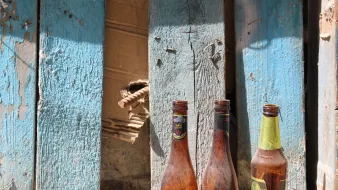 در این تصویر، سه بطری خالی در کنار دیواری که رنگ آبی دارد و کمی فرسوده به نظر میرسد، قرار گرفتهاند. دیواره دارای نواحی ترکخورده و برخی زواید و نقصهاست. بطریها به صورت نامرتب در کنار هم قرار دارند و بافتی کهنه و رنگهایی مات دارند، که به تصویر حس قدیمی و رها شدهای میبخشد. در پسزمینه، تکههایی از دیوار نیز قابل مشاهده است.