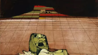 این تصویر نشاندهندهی یک صحنهی هنری است که یک شخصیت با چهرهای خاص و حالات عاطفی قوی در مرکز تصویر قرار دارد. این شخصیت به سمت بیننده دستها را دراز کرده و به نظر میرسد در حال درخواست کمک یا ابراز ناامیدی است. در پسزمینه، الگوهای هندسی و رنگهای متنوعی دیده میشود که جلوهای از فضای انتزاعی را به تصویر میدهند. رنگها شامل زرد، قهوهای و قرمز هستند که حس تنش و درگیری را منتقل میکنند. این اثر هنری ممکن است به مفاهیم عمیقتری مانند بحران یا دشواریهای انسانی اشاره کند.