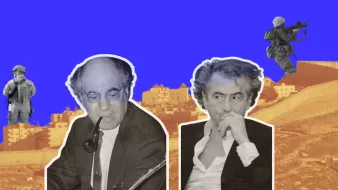 این تصویر شامل دو شخصیت است که ترکیبی از رنگهای مختلف و پسزمینهای با تصویر شهری دارد. سمت چپ شخصی را با عینک و لولهکش مشاهده میکنیم که در حال نوشتن است. سمت راست، شخص دیگری با موی فر و حالت تفکر را میبینیم. پسزمینه تصویر نیز شامل ساختمانی و رنگهای زنده است که توجه را جلب میکند. در گوشه تصویر، یک سرباز نیز دیده میشود که نمایی از فعالیتهای نظامی را به تصویر میکشد.