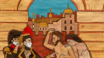 تصویر نشاندهنده یک صحنه تاریخی یا داستانی است که در آن چندین شخصیت در یک محیط معماری قدیمی و برجسته قرار دارند. در پسزمینه، شهر با گنبدها و بناهای خاص دیده میشود. در جلو، چند نفر در حال تعامل هستند؛ یکی از شخصیتها بهنظر میرسد در لباس نظامی است و به دیگران اشاره میکند. دیگر شخصیتها در حال نمایش احساسات مختلف هستند و به نظر میرسد که در یک موقعیت بحرانی قرار دارند. رنگها و جزئیات نقاشی به صحنه عمق و زندگی میبخشد.