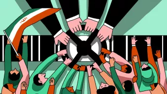 در این تصویر، گروهی از افراد با دستانی که به سمت یک نقطه مرکزی در حال حرکت هستند، نمایش داده شدهاند. برخی از آنها پرچم ایران را در دست دارند. فضای کلی تصویر به صورت گرافیکی و رنگارنگ طراحی شده است، و نشاندهنده تعامل و همبستگی میان مردم است. افراد با پوششهای مختلف، به وضوح نشاندهنده تنوع در جامعه هستند. موضوع کلی تصویر به اتحاد و همبستگی اشاره دارد.