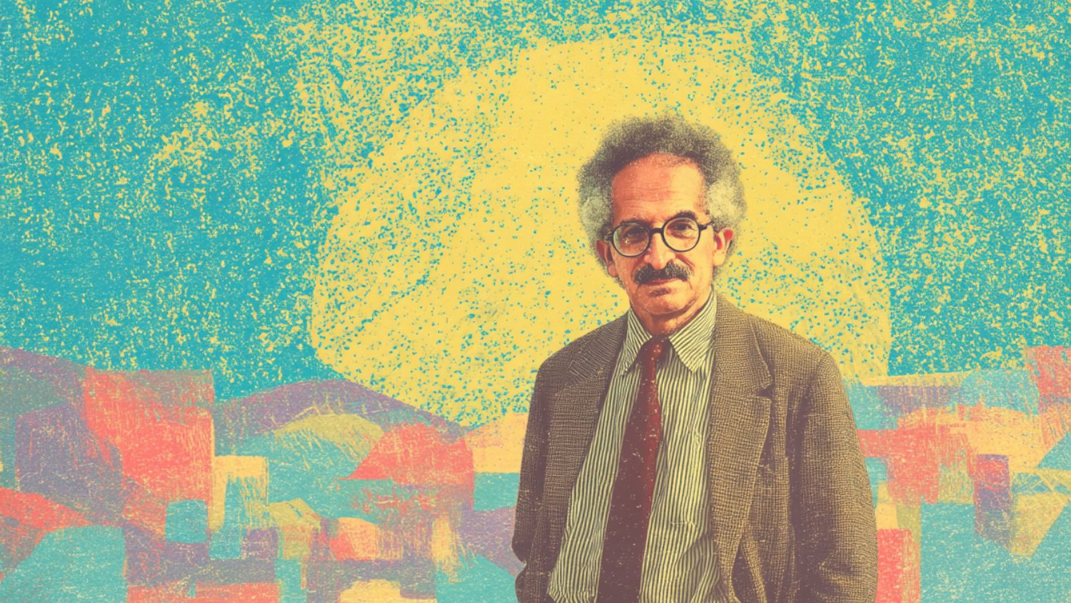 Homme avec des lunettes, veste et cravate, devant un arrière-plan coloré et abstrait.