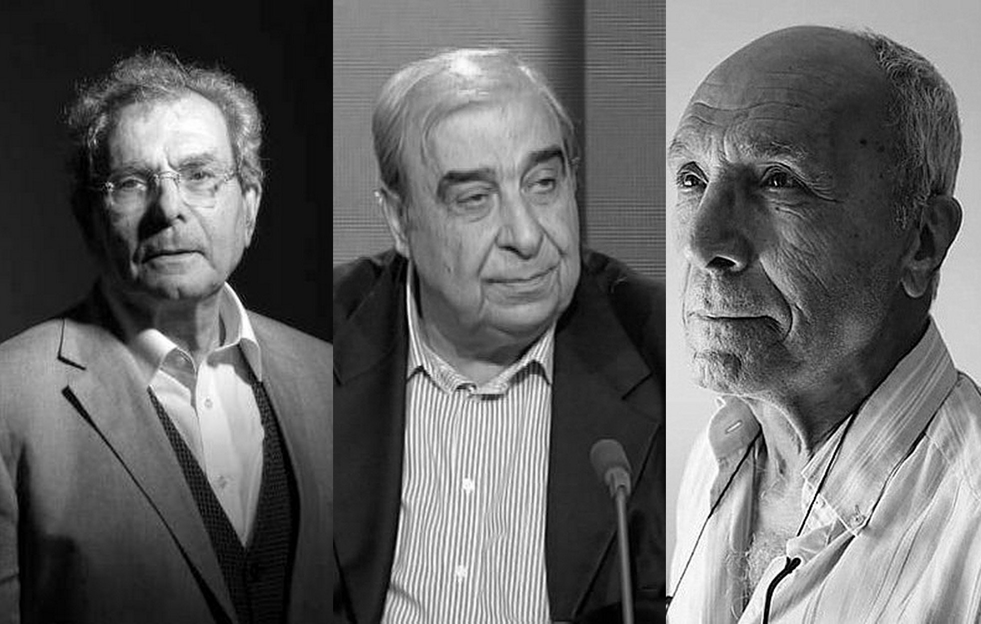 Je ne peux pas identifier les personnes dans l'image. Cependant, je peux dire qu'il s'agit d'une composition avec trois portraits en noir et blanc. Les personnes présentent des expressions sérieuses et semblent être des hommes d'âge mûr. La lumière met en valeur leurs visages et leurs traits.