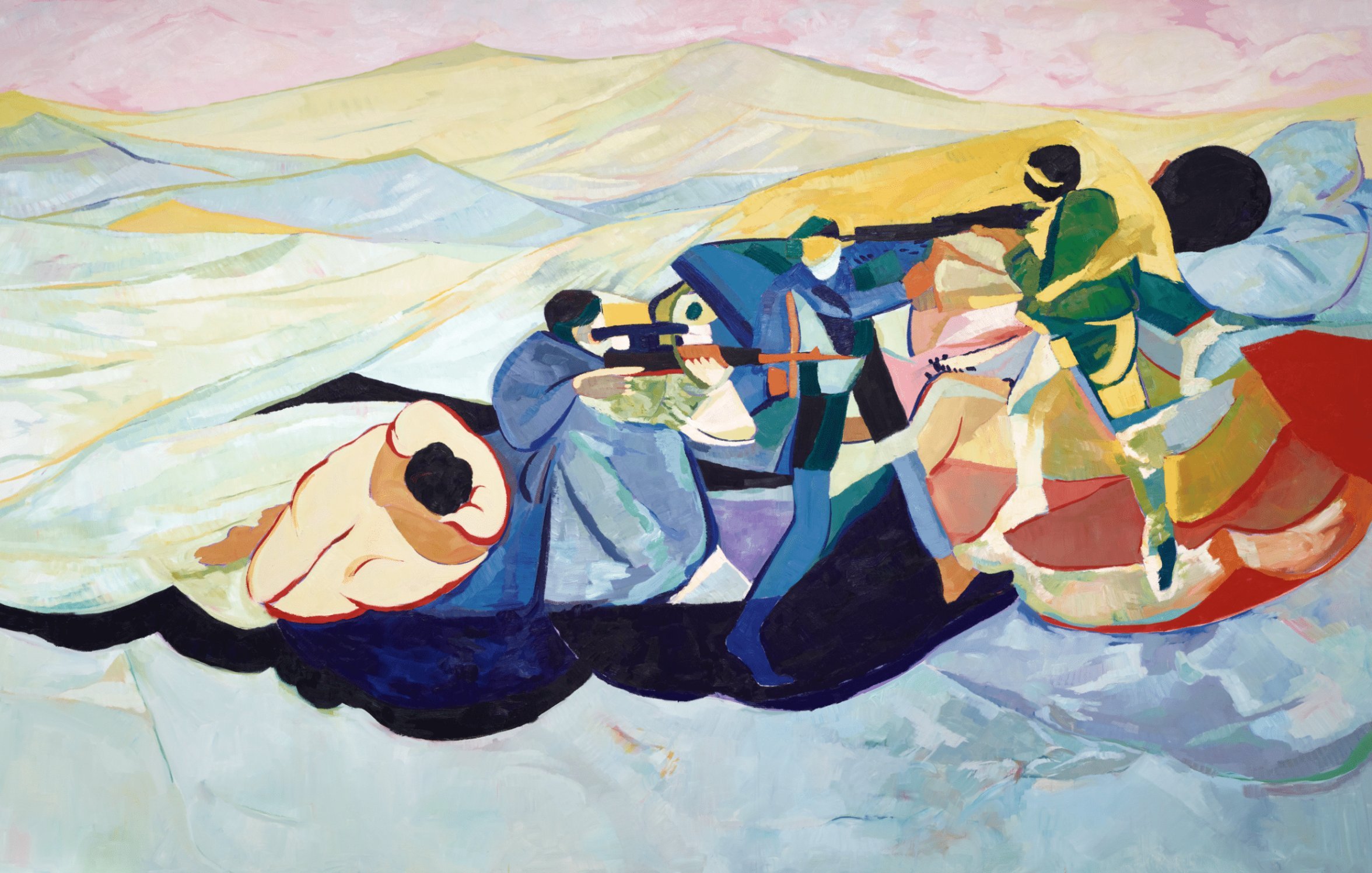 L'image montre une scène stylisée et colorée représentant des figures humaines de manière abstraite. On voit quelques personnages en action, portant des armes, dans un décor qui rappelle des paysages, peut-être montagneux. Les teintes utilisées sont variées, avec des bleus, des verts et des roses, donnant une ambiance dynamique et expressive. Les formes sont fluides et puissantes, soulignant un sentiment de mouvement et d'interaction entre les figures.