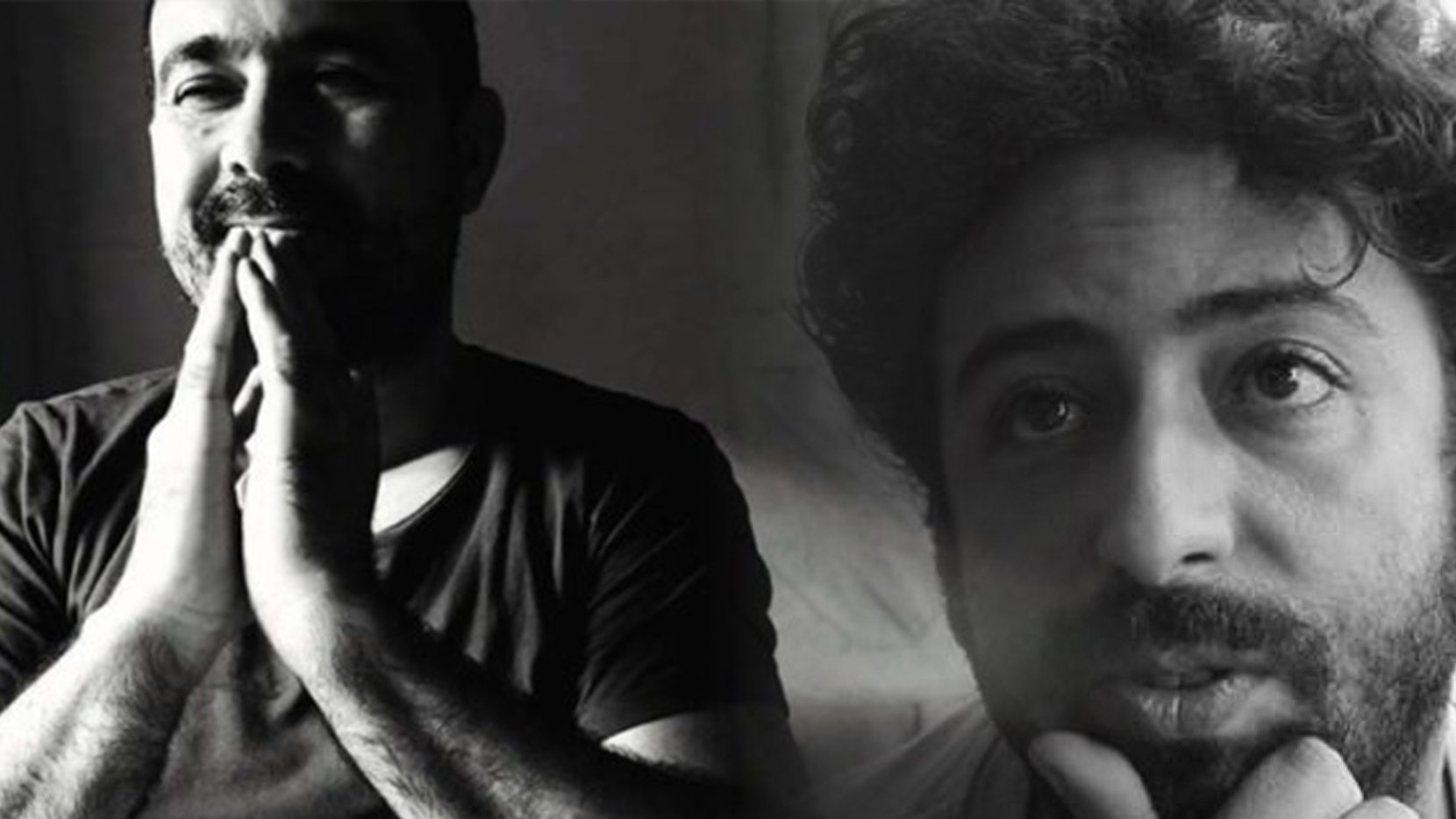 L'image présente deux portraits en noir et blanc d'un homme, chacun montrant une expression différente. Dans l'un des portraits, l'homme est assis, les mains jointes sous le menton, ce qui pourrait suggérer une réflexion ou une contemplation. Dans l'autre, il semble pensif, avec une main sur le menton, regardant légèrement sur le côté. Les jeux d'ombre et de lumière accentuent les traits de son visage et créent une atmosphère introspective.