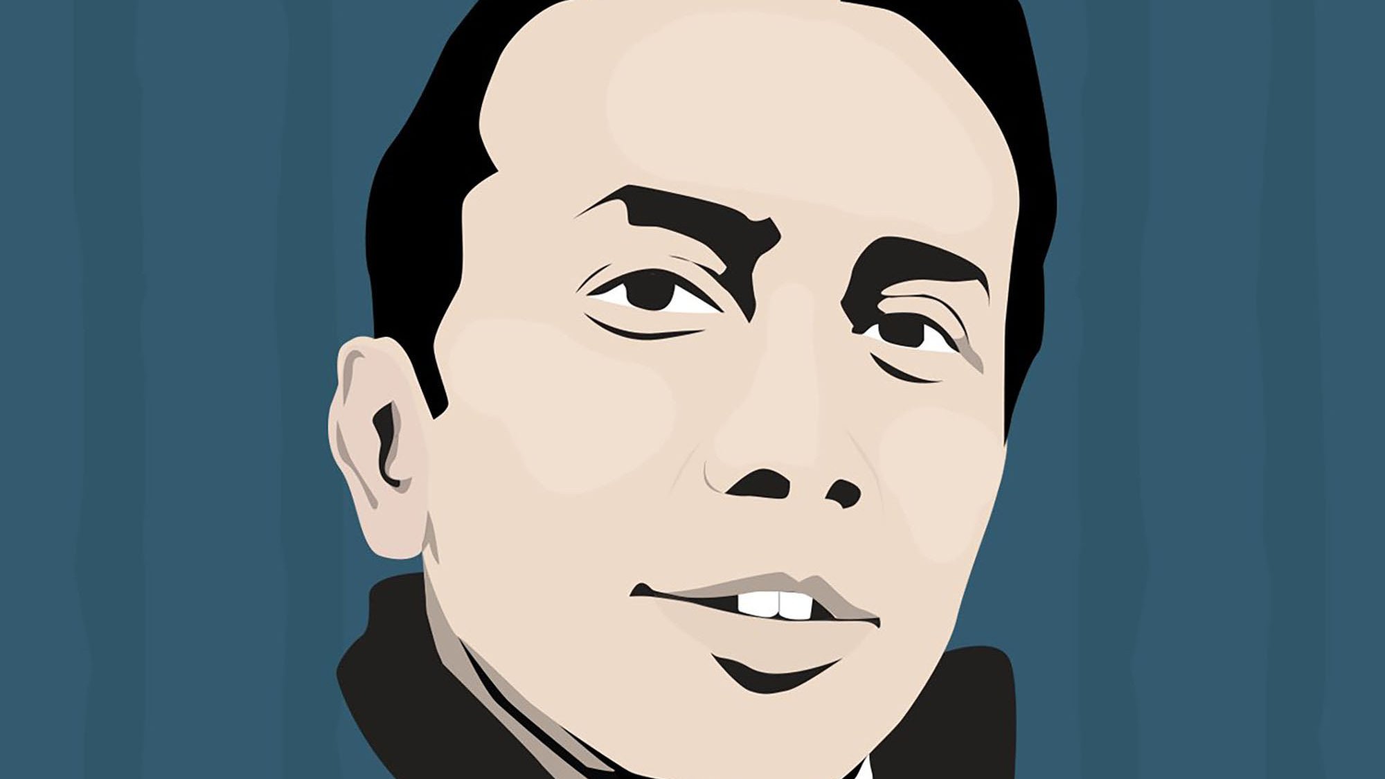 L'image représente un portrait stylisé d'un homme. Son visage est dessiné de manière simple et artistique, avec des traits marqués. Il a les cheveux noirs et une expression sereine. Le fond est de couleur bleue, avec des lignes verticales qui ajoutent de la texture à l'ensemble. L'image semble avoir été créée dans un style graphique moderne.