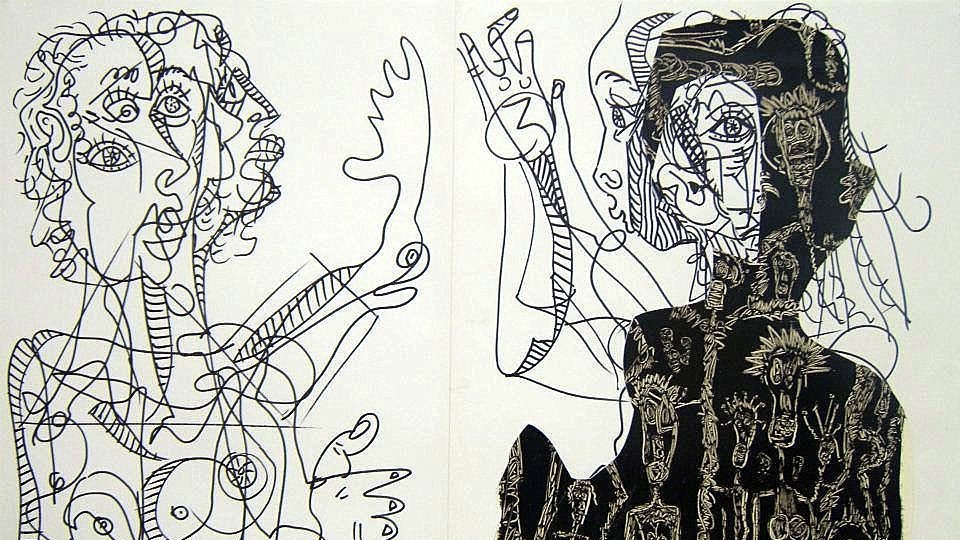 L'image présente deux figures stylisées dessinées avec des lignes noires sur fond blanc, et l'une des figures est partiellement remplie de motifs noirs. À gauche, un visage féminin aux traits abstraits se distingue, tandis qu'à droite, une autre figure stylisée semble avoir des éléments floraux ou humanoïdes autour d'elle. Les lignes sont sinueuses et fluides, créant un effet dynamique et moderne. L'ensemble évoque un style artistique contemporain, peut-être inspiré par le cubisme ou l'art linéaire.