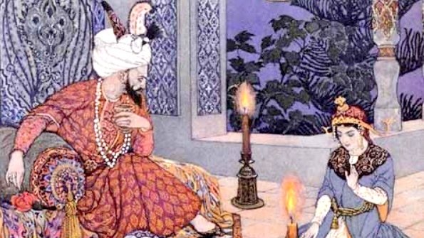 L'image montre une scène orientaliste dans un intérieur décoré. On y voit un homme majestueusement vêtu, assis sur un trône orné, entouré de riches textiles et d'objets décoratifs. Il est en train d'écouter une femme qui est agenouillée devant lui, tandis qu'une autre femme se trouve à ses pieds, examinant des objets sur le sol. L'éclairage est doux, avec des bougies allumées qui créent une ambiance chaleureuse. L'atmosphère est empreinte d'une certaine mystique et d'une opulence typique de l'art inspiré par les cultures orientales.
