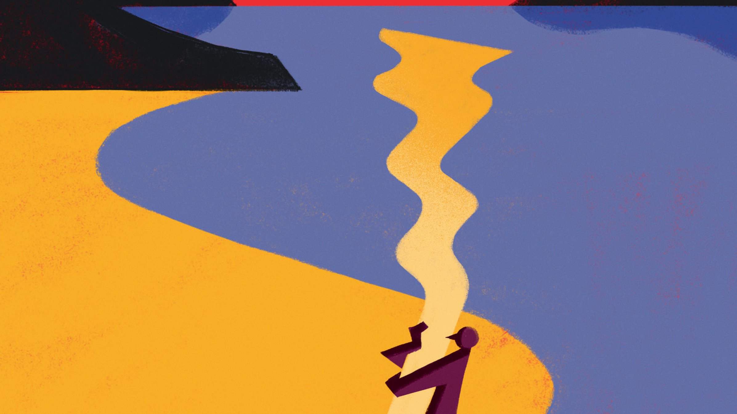 L'image représente une scène colorée d'un paysage côtier. On y voit un homme marchant le long d'une plage, tenant une tasse dans ses mains. La mer est d'un bleu vif, tandis que le sable est jaune. À l'arrière-plan, il y a des collines sombres et un soleil rougeoyant se couche à l'horizon, créant une atmosphère chaleureuse et apaisante. Les nuages sont représentés par des formes blanches qui flottent autour du soleil. L'ensemble dégage une sensation de tranquillité et de contemplation.