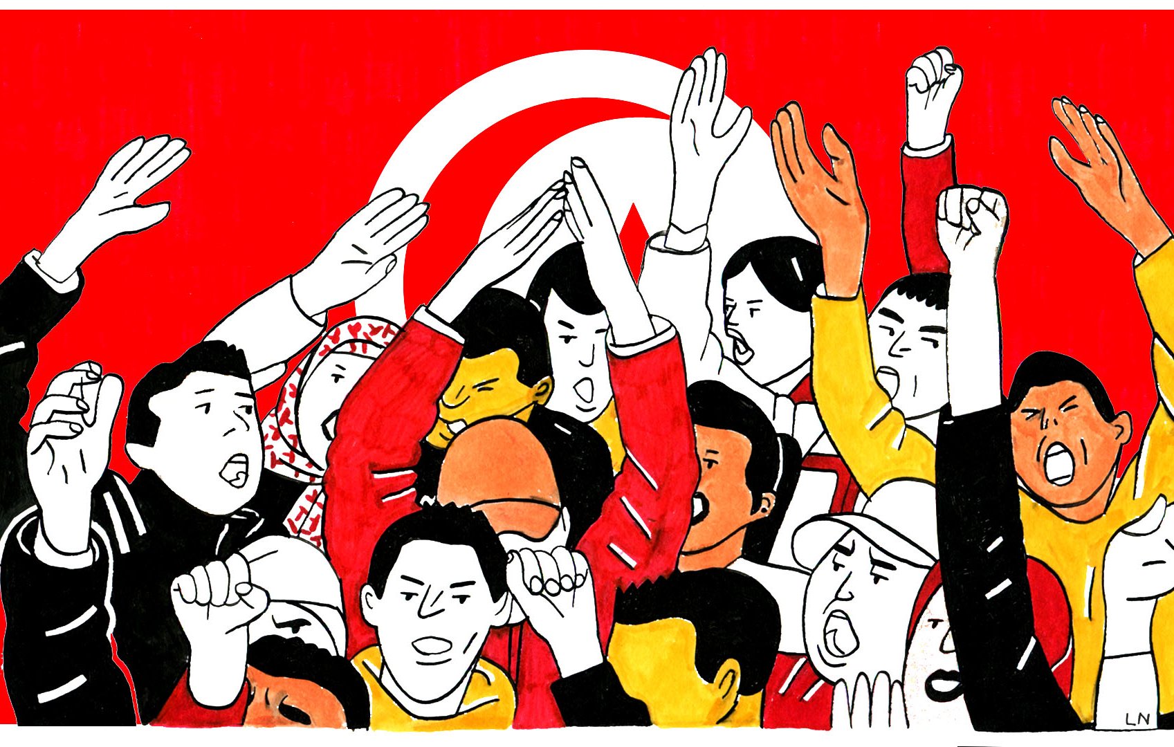 L'image montre un groupe de personnes levant les bras et exprimant des émotions fortes, probablement dans un contexte de manifestation ou de rassemblement. Le fond est orné d'un grand drapeau rouge avec un symbole caractéristique. Les visages sont expressifs, illustrant la passion et l'engagement des participants. On peut observer une diversité dans les vêtements et les expressions, reflétant un sentiment collectif et une volonté d'unité.