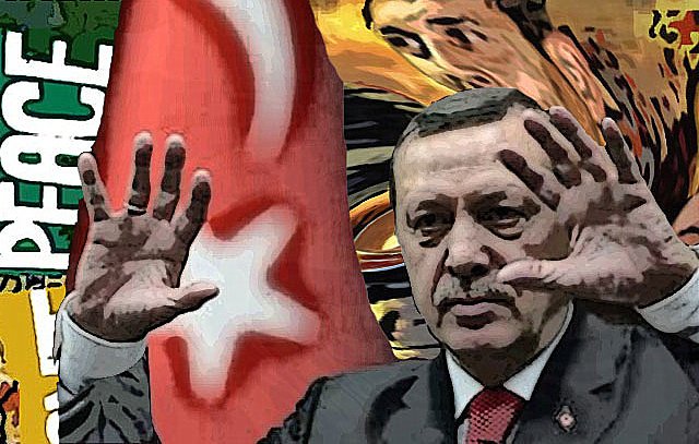 L'image présente un homme levant les mains, avec le drapeau turc en arrière-plan. Le visage de cet homme exprime une certaine détermination, et le mot "PEACE" est visible. L'arrière-plan est composé d'éléments graphiques et de couleurs vives, créant une ambiance dynamique. L'ensemble de l'image semble faire référence à des thèmes politiques ou sociaux.