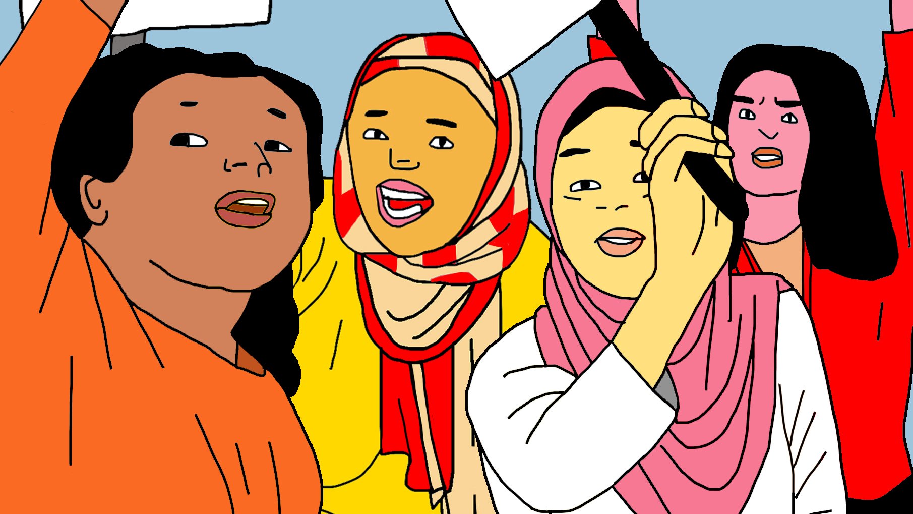 L'image représente un groupe de femmes qui semblent être engagées dans une manifestation ou une action collective. Elles portent des vêtements de couleurs vives, dont des hijabs et des écharpes. Plusieurs d'entre elles lèvent la main avec des pancartes, exprimant probablement leurs voix pour une cause qui leur tient à cœur. Les expressions sur leurs visages transmettent de la détermination et de l'énergie. L'arrière-plan est simple, mettant l'accent sur l'action et l'enthousiasme du groupe.