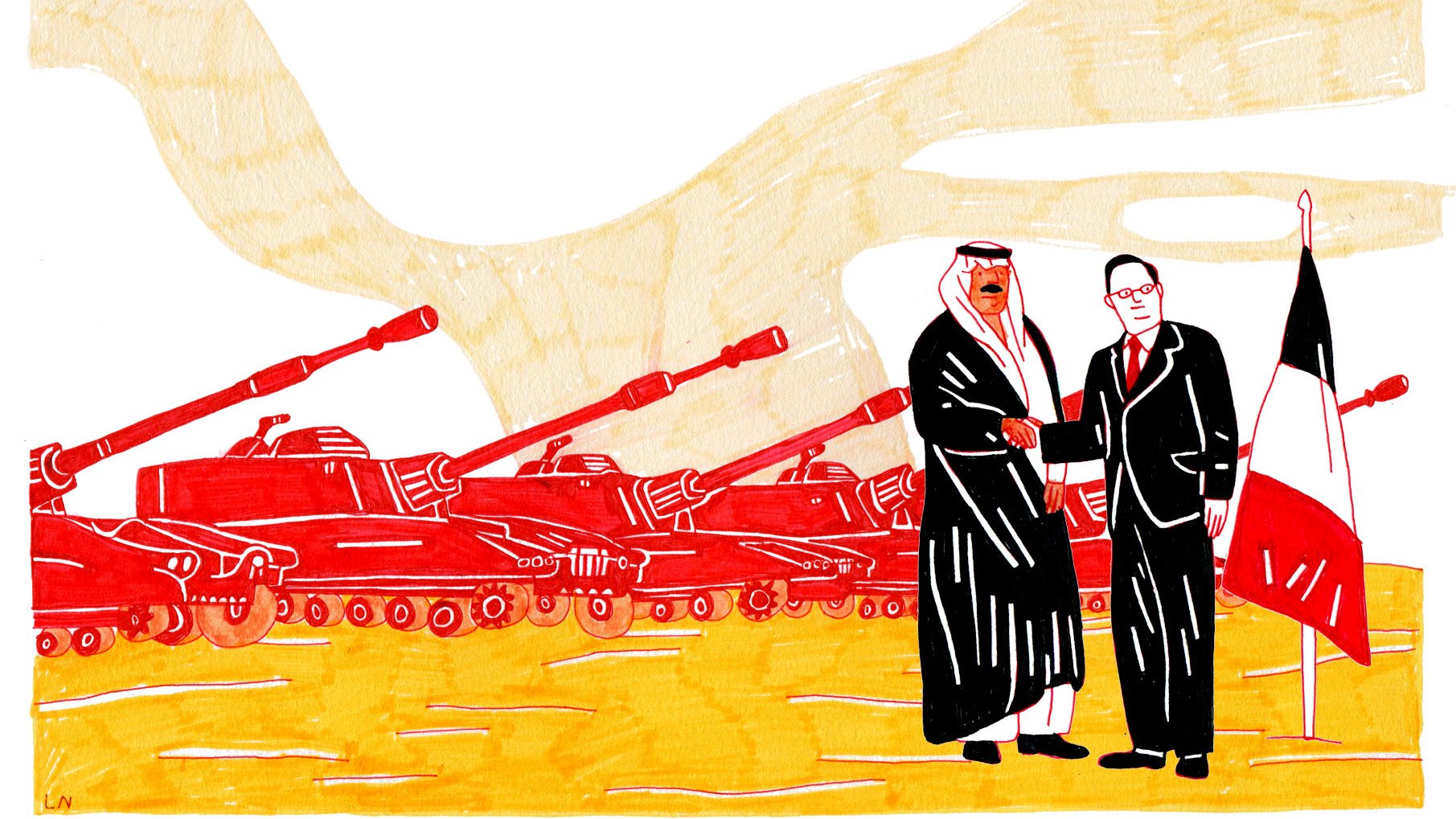 L'image représente une scène stylisée avec deux personnages au premier plan, l'un vêtu d'une tenue traditionnelle arabe et l'autre en costume. Ils sont en train de se serrer la main, symbolisant un accord ou une coopération. En arrière-plan, on aperçoit plusieurs chars de combat, suggérant un contexte militaire ou de tension. Le paysage est dessiné avec des couleurs vives comme le rouge et le jaune, ce qui donne à l'ensemble un aspect graphique et impactant.