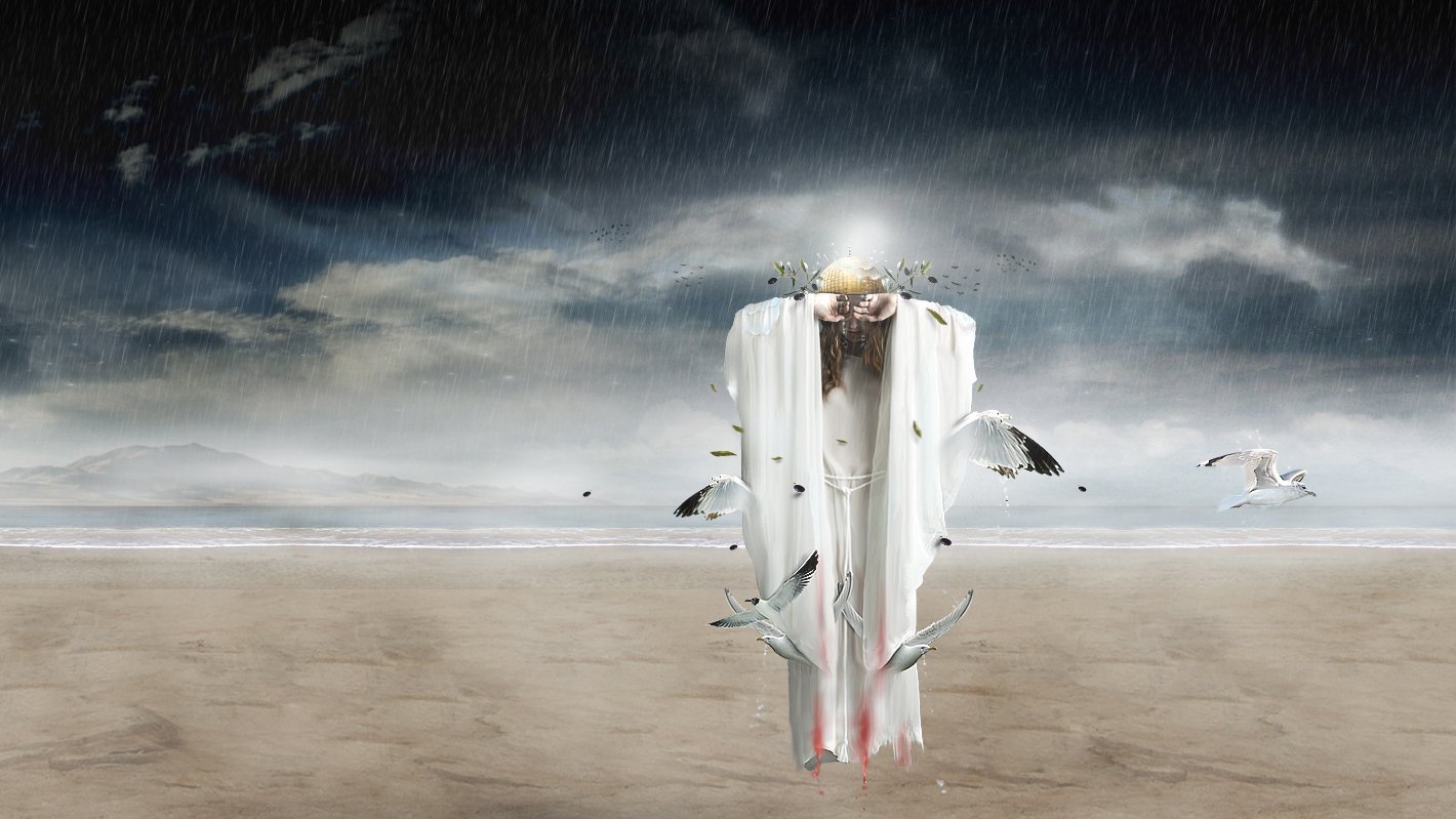 L'image présente une scène surnaturelle sur une plage désertique. Au centre, une figure mystérieuse drapée de blanc semble flotter au-dessus du sol. Des oiseaux, probablement des mouettes, volent autour de cette entité. Le ciel est sombre et orageux, avec des nuages lourds qui annoncent une tempête, et des gouttes de pluie tombent. En arrière-plan, on peut apercevoir des montagnes ou des collines floues. L'ensemble de la composition crée une atmosphère à la fois mystique et dramatique.