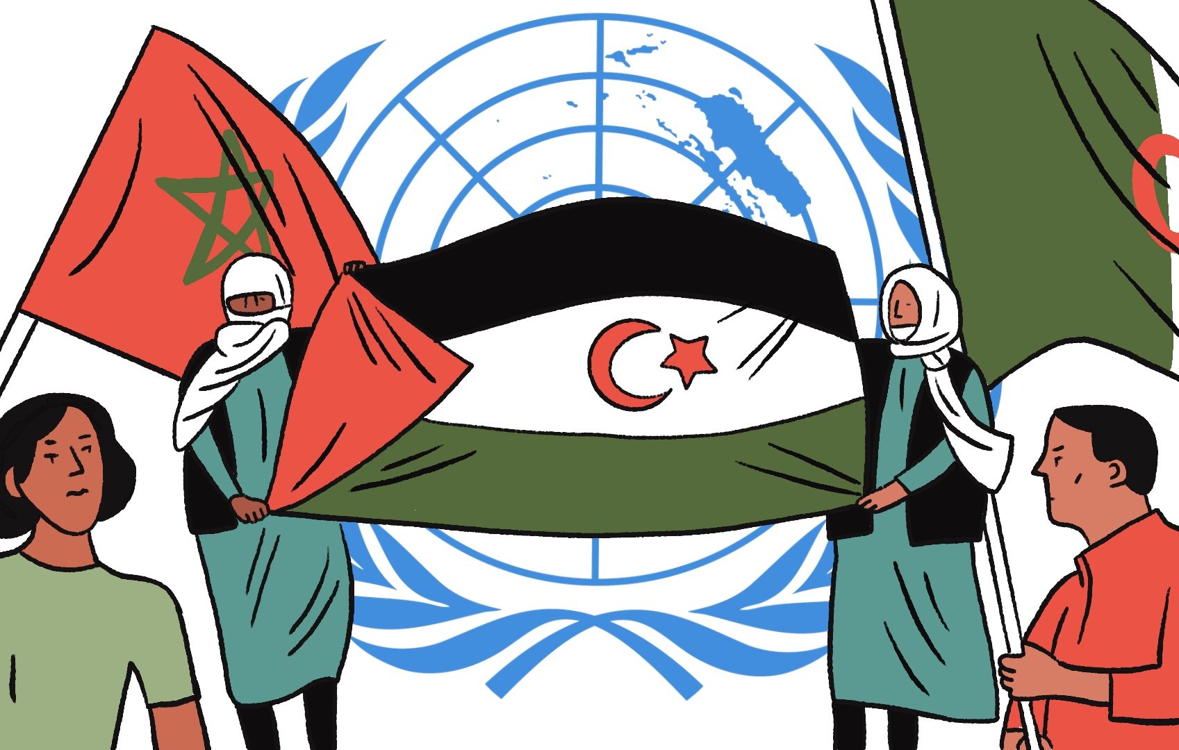 L'image montre plusieurs personnes tenant un drapeau qui combine les couleurs et les symboles du Maroc et de l'Algérie, au centre d'un grand drapeau. En arrière-plan, on voit le logo des Nations Unies. Les personnes sont représentées dans un style illustratif, certaines portant des vêtements traditionnels, et leur expression semble engagée. L'image évoque des thématiques de débats ou de conflits diplomatiques entre les pays représentés.