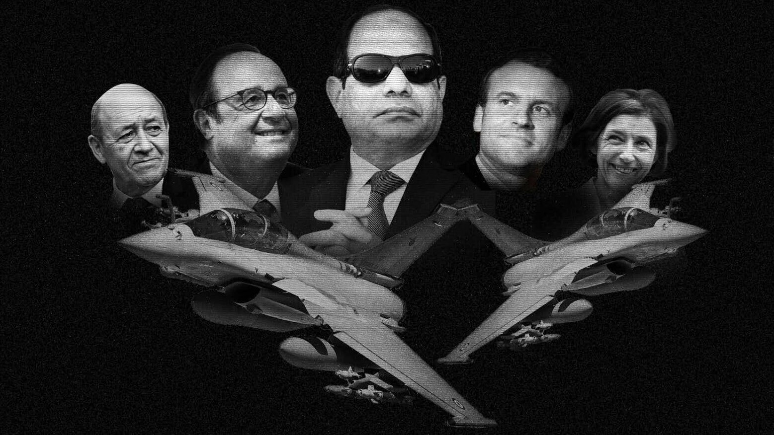 L'image montre une composition graphique en noir et blanc. Au centre, il y a une figure avec des lunettes de soleil, entourée de visages de plusieurs personnes en arrière-plan. En dessous, on aperçoit des avions de chasse. Le tout crée une ambiance dramatique et symbolique, suggérant des thèmes liés à la politique et à l'armement.