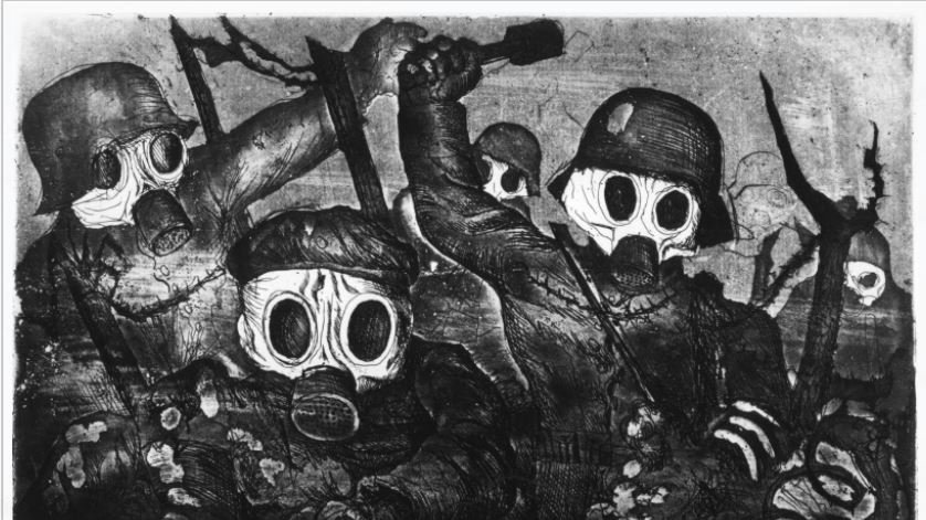 L'image présente un groupe de soldats portant des masques à gaz. Ils semblent être engagés dans une action intense, brandissant des armes et se tenant dans un environnement hostile. Les soldats sont représentés de manière dramatique, avec des traits exagérés pour transmettre l'urgence et la peur. Le fond est sombre, ajoutant à l'atmosphère de tension et de combat. L'ensemble évoque les horreurs de la guerre, en particulier durant les conflits où les gaz toxiques étaient utilisés.