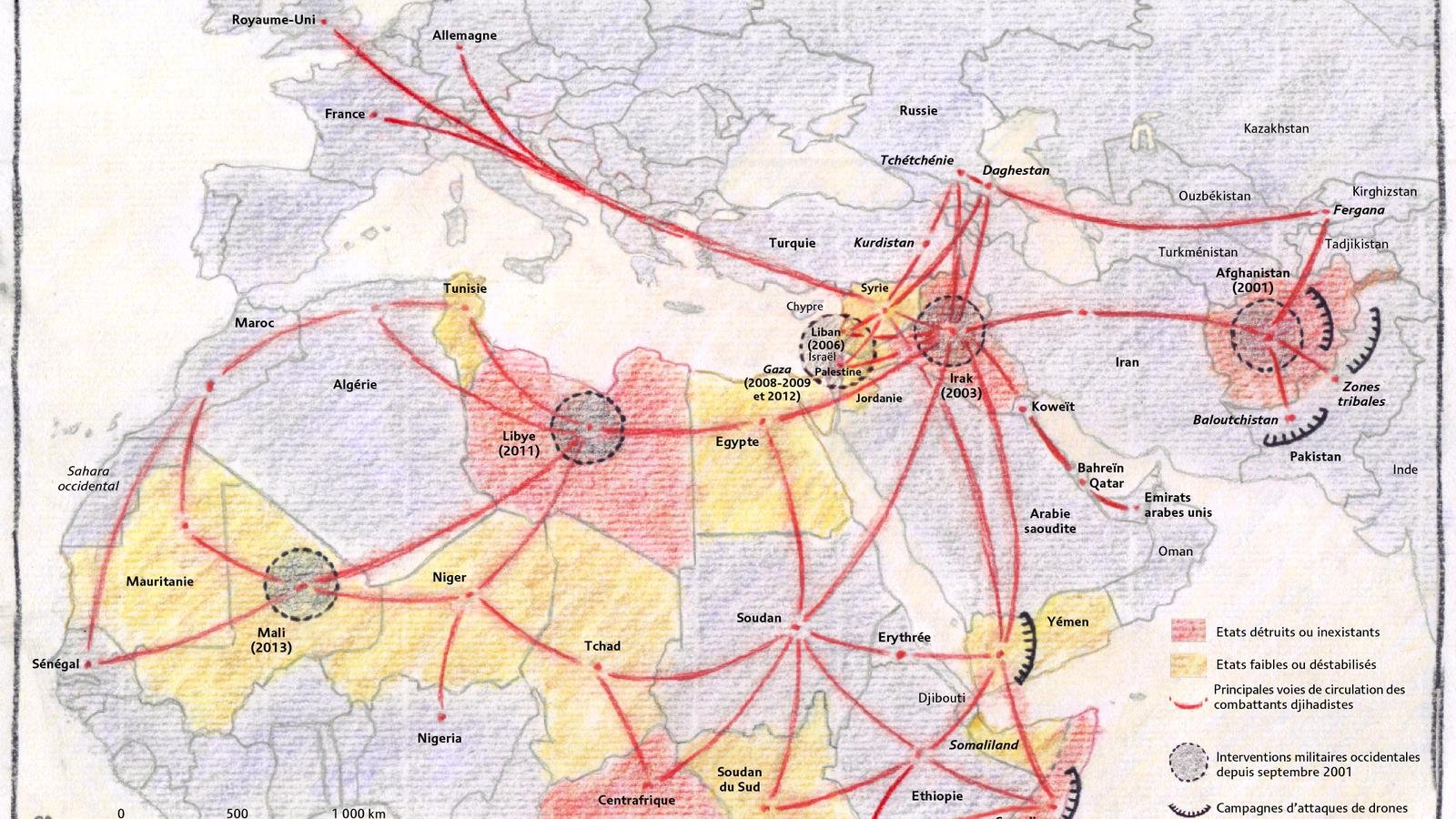 L'image représente une carte géographique qui illustre les itinéraires et les connexions entre différents pays et régions en relation avec des mouvements d'insurgés. On y voit des couleurs, probablement des zones prioritaires ou des états d'insurrection, ainsi que des flèches rouges qui symbolisent les chemins ou les influences des combattants. Les annotations en bas indiquent des campagnes et des événements spécifiques à partir de septembre 2001, suggérant une analyse des dynamiques de conflits et de l'extrémisme dans cette région. L'ensemble donne une vue d'ensemble des interactions géopolitiques et des défis sécuritaires.