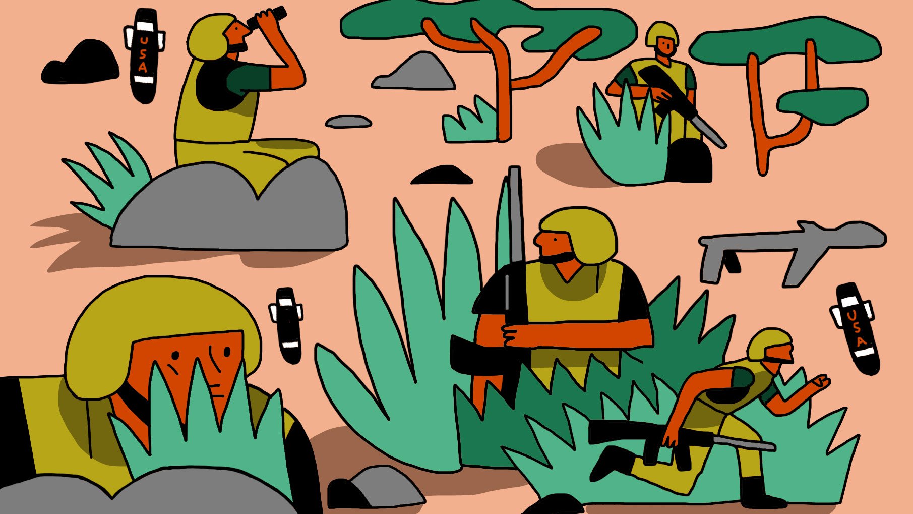 L'image représente des soldats dans un environnement de jungle ou de savane. On peut voir plusieurs soldats, certains utilisant des jumelles, d'autres armés, infiltrés parmi les rochers et la végétation, qui est stylisée avec des formes simplifiées. L'arrière-plan présente des arbres caractéristiques, et des icônes évoquant des munitions ou des objets militaires avec le label "USA". L'ensemble dégage un air dynamique avec une palette de couleurs vives.