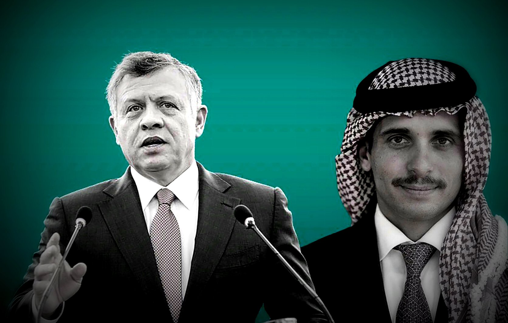 L'image montre deux hommes, probablement des figures politiques. L'homme à gauche semble s'exprimer avec des gestes, tandis que l'homme à droite regarde vers l'avant. Le fond est d'une couleur unie, créant un contraste avec les portraits. Les deux hommes semblent porter des vêtements formels, suggérant qu'ils occupent des positions importantes. L'image pourrait évoquer un moment de discours ou d'allocution sur des sujets politiques.