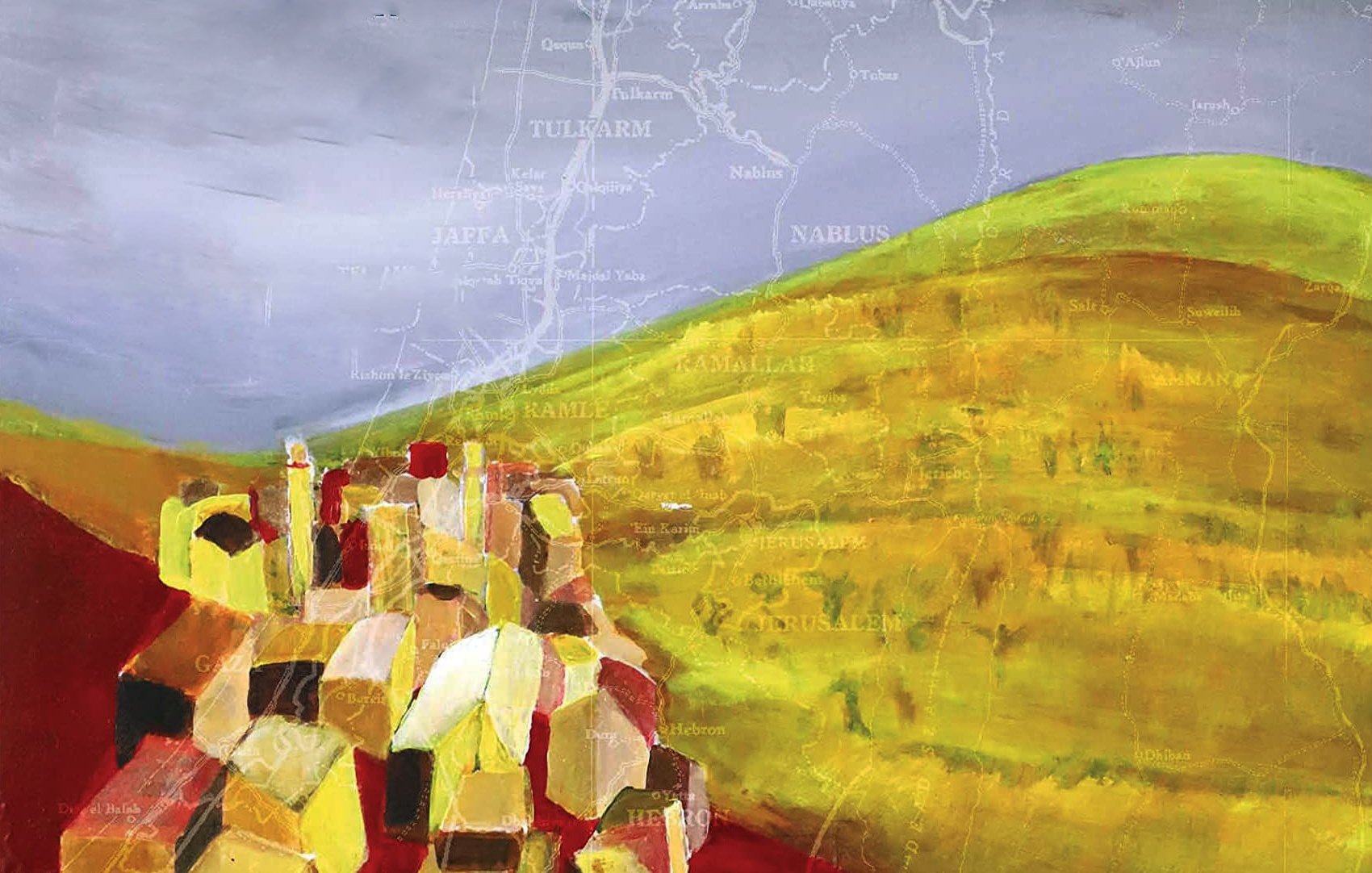 L'image présente une composition artistique qui semble représenter un paysage. On y voit des collines aux teintes variées, avec des nuances de jaune et de vert. À l'avant, des formes géométriques, peut-être des bâtiments, sont peintes en rouge et en jaune. En arrière-plan, une carte se dessine, évoquant une région géographique, avec des noms de villes comme Jaffa, Nablus et Jenin, suggérant une connexion à un contexte historique ou culturel. Le ciel est nuageux et tout cela crée une ambiance à la fois paisible et mystérieuse.