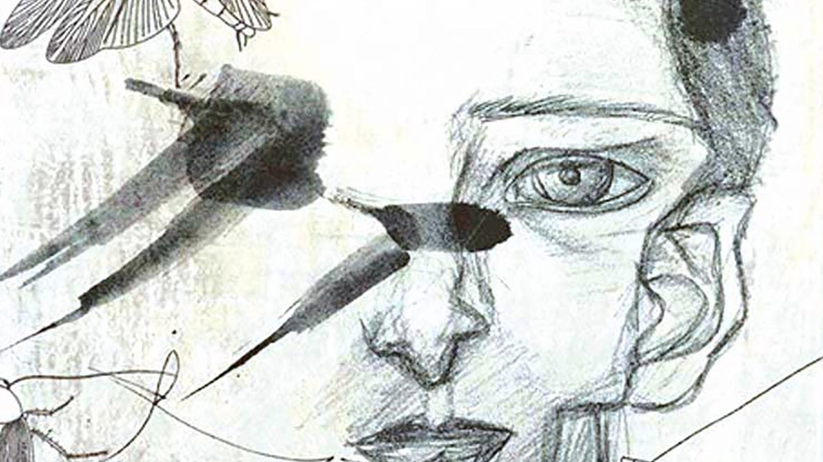 L'image représente un visage dessiné de manière artistique, avec des traits expressifs et un regard intense. Des mouches sont dessinées autour du visage, ajoutant une dimension dérangeante et symbolique à l'œuvre. Des éclaboussures d'encre noire et des lignes abstraites traversent l'image, créant un contraste entre le réalisme du visage et l'abstraction des éléments environnants. L'ensemble évoque une atmosphère sombre et captivante.