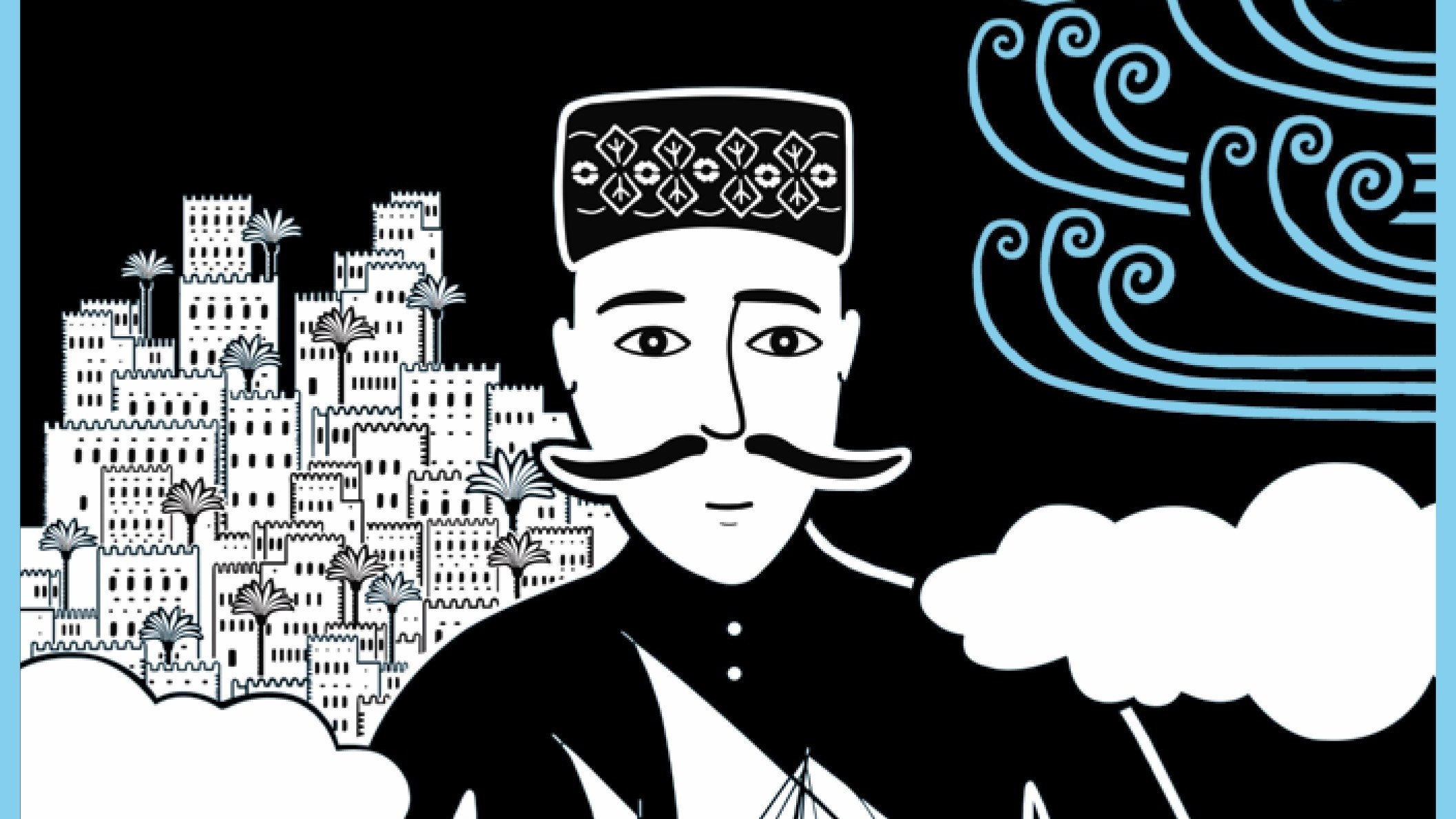 Cette image présente un personnage stylisé qui porte un chapeau traditionnel et a une moustache. Il tient un modèle de voilier dans ses mains. En arrière-plan, on peut voir des bâtiments en forme de tours sur une colline, ainsi que des nuages et des vagues stylisées, ce qui donne une impression de mouvement et de mystère. Les couleurs sont principalement noires, blanches et bleues, créant un contraste fort et un effet visuel intéressant.