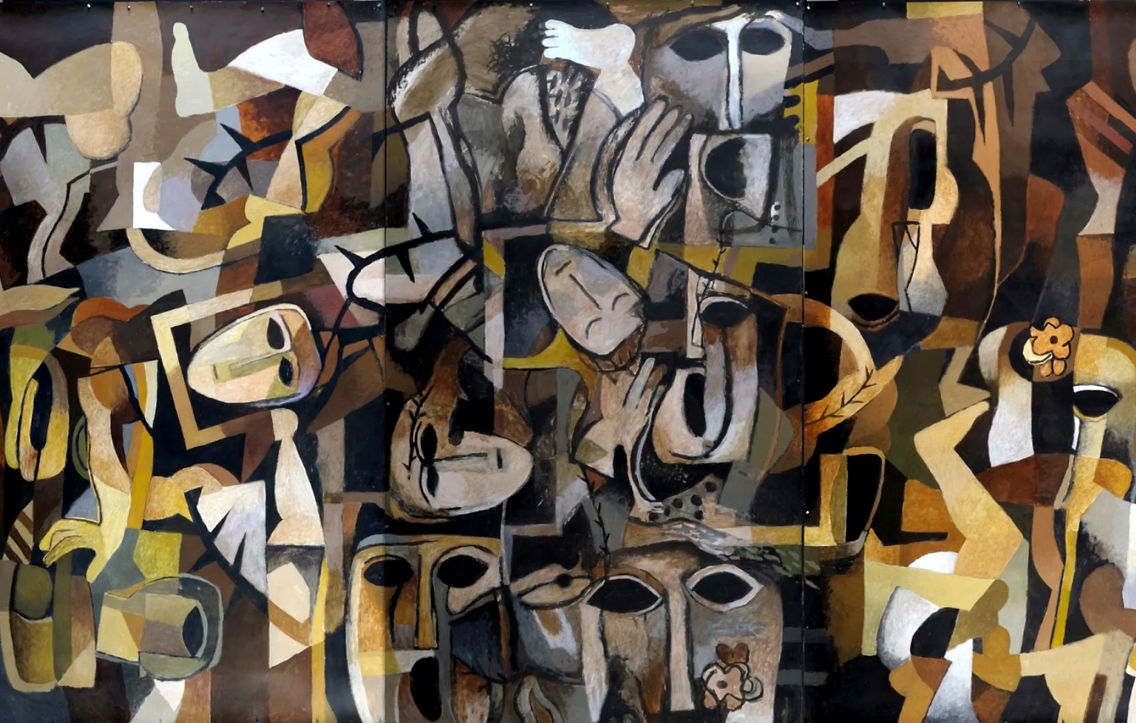 Peinture abstraite aux formes humaines et géométriques, dominée par des tons bruns et beiges.