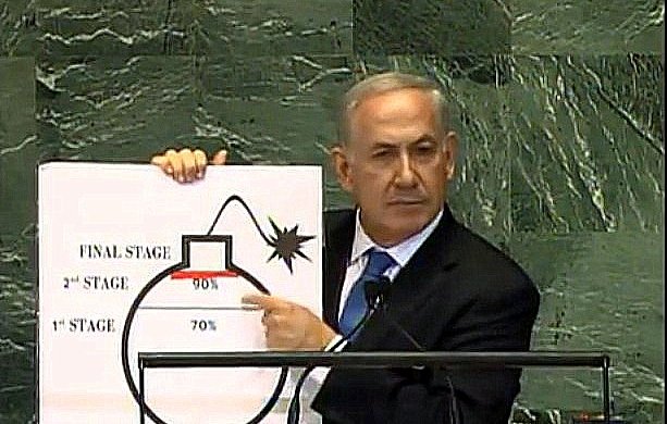 L'image montre un homme en costume, debout devant un pupitre, tenant une grande affiche. Il pointe vers un diagramme qui illustre les différentes étapes d'un processus, avec des pourcentages indiquant des niveaux d'avancement. Le diagramme semble représenter une bombe, avec des mentions pour les étapes "1ère", "2ème" et "étape finale". L'arrière-plan est celui d'un bâtiment de l'ONU, suggérant que cette présentation a lieu lors d'une réunion officielle.