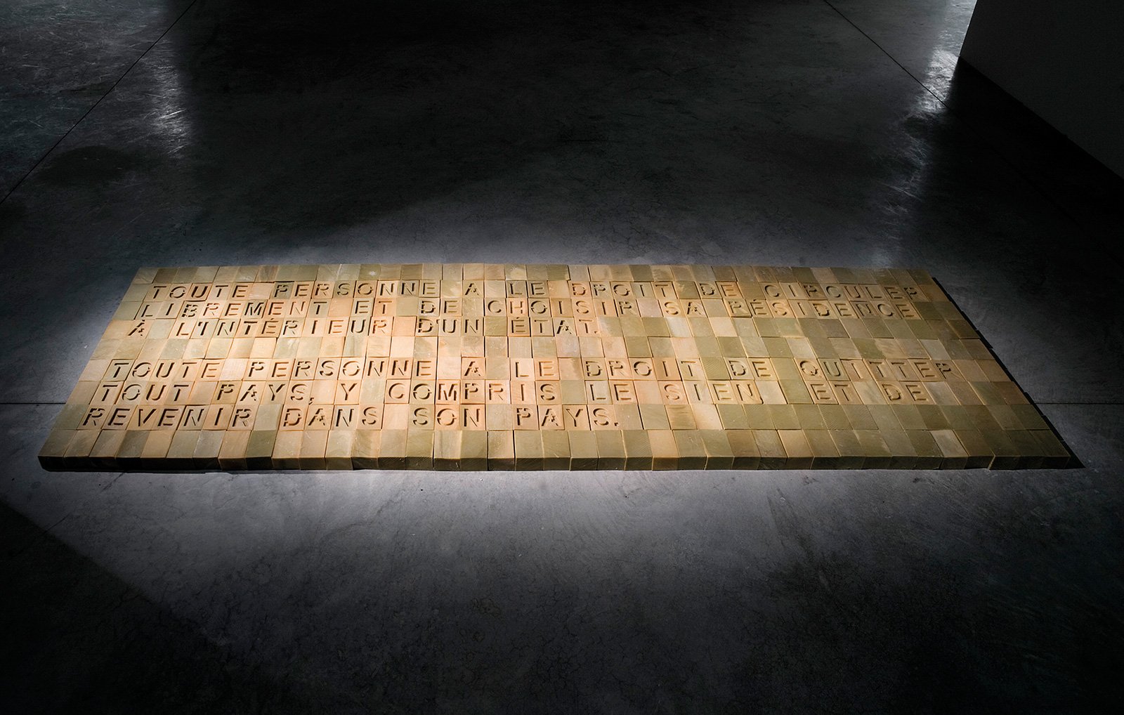 L'image montre une installation au sol formée de blocs rectangulaires disposés de manière à former un texte. Le texte est en relief et semble évoquer des thèmes liés aux droits de l'homme, notamment le droit à la liberté et à l'asile. L'éclairage met en valeur les mots, créant une ambiance à la fois réfléchie et sérieuse. Le sol sur lequel se trouvent les blocs est en béton, et l'environnement semble être une galerie d'art ou un espace d'exposition.