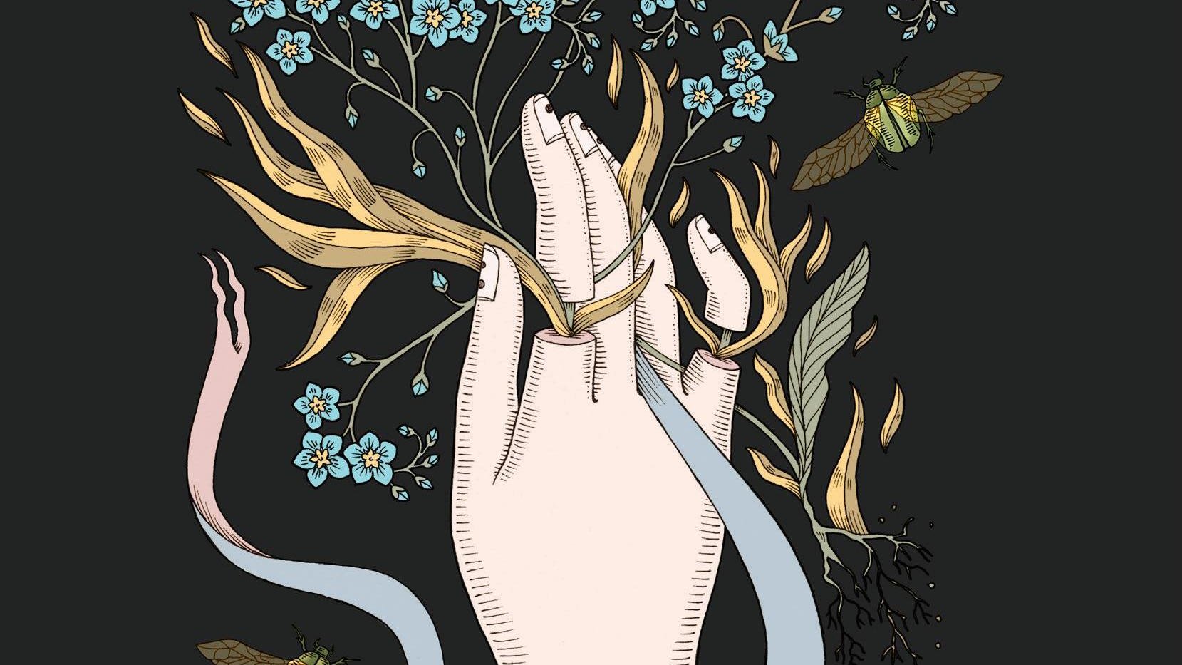 L'image représente une main stylisée, qui semble émerger de la terre, tenant des fleurs délicates et des feuillages. Des insectes, probablement des lucioles ou des papillons, volent autour de la main. La main est ornée de motifs décoratifs, et des rubans de différentes couleurs s'écoulent des côtés, ajoutant une touche de mouvement et de fluidité à l'ensemble. Le fond est sombre, ce qui met en valeur les éléments colorés et le contraste avec la nature. Cette scène évoque une connexion entre l'homme et la nature.