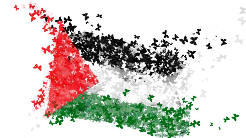 L'image représente une interprétation stylisée du drapeau palestinien, constitué de motifs de papillons colorés. Les couleurs du drapeau – rouge, noir, vert et blanc – sont évoquées à travers les papillons qui semblent s'envoler, créant un effet dynamique et poétique. La composition donne une impression de mouvement et de légèreté, symbolisant peut-être l'espoir et la liberté.