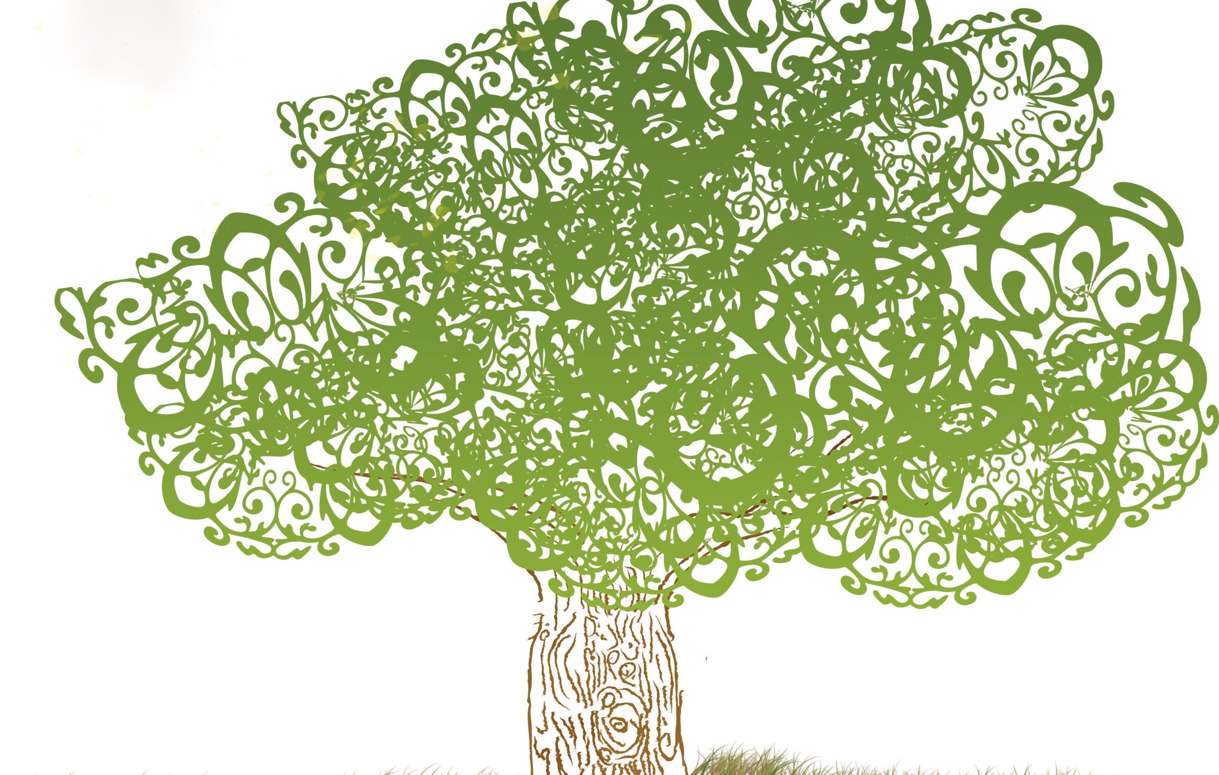 L'image représente un arbre stylisé, avec un feuillage vert ornée de motifs enroulés et entrelacés, donnant un aspect décoratif et artistique. Le tronc de l'arbre est dessiné avec des détails qui simulent l'écorce, et il s'élève sur des racines visibles qui s'étendent sur le sol. Le fond est simple, avec une herbe verte suggérée. L'ensemble de la composition dégage une atmosphère naturelle et imaginative.