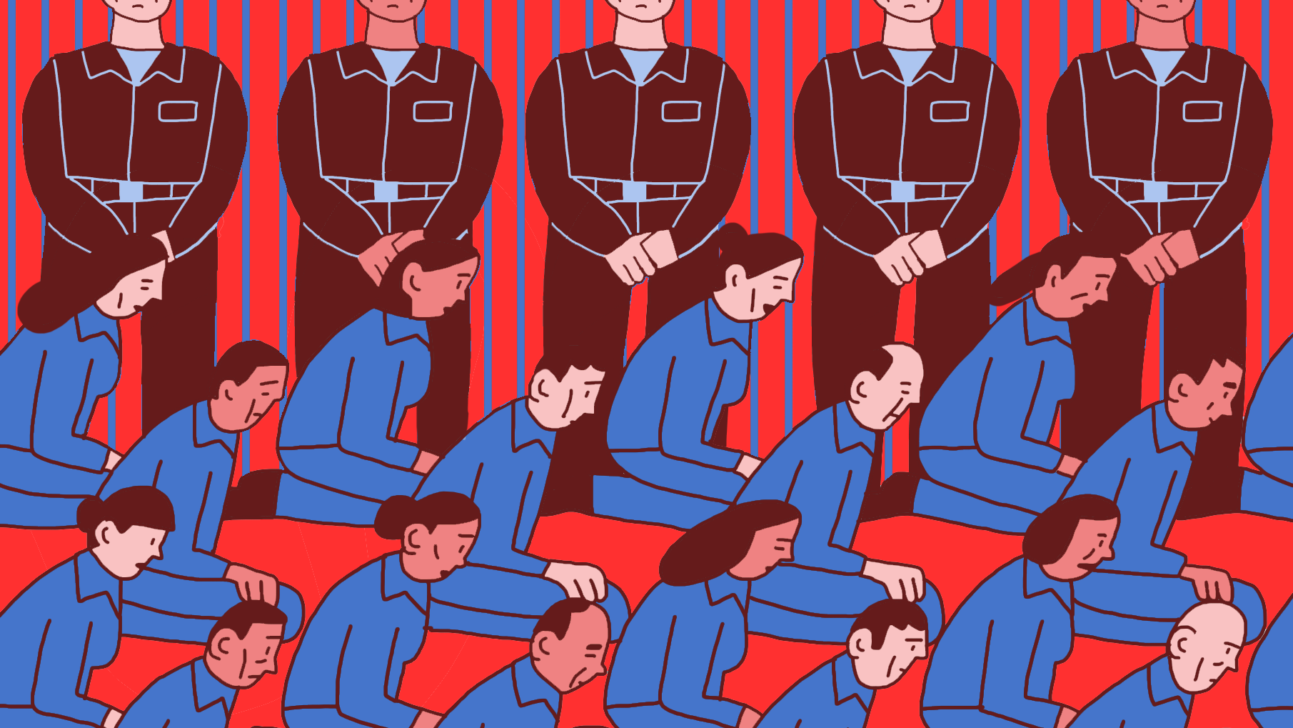 L'image présente un groupe de personnes en position de genoux, semblant être en détresse. Elles portent des vêtements bleus et affichent des expressions de tristesse ou de soumission. À l'arrière-plan, on voit des figures en uniforme noir, les bras croisés, se tenant debout. L'ensemble est sur un fond rouge rayé, ce qui crée un contraste frappant avec les couleurs des personnages. L'atmosphère de l'image évoque des thèmes de répression ou de désespoir.