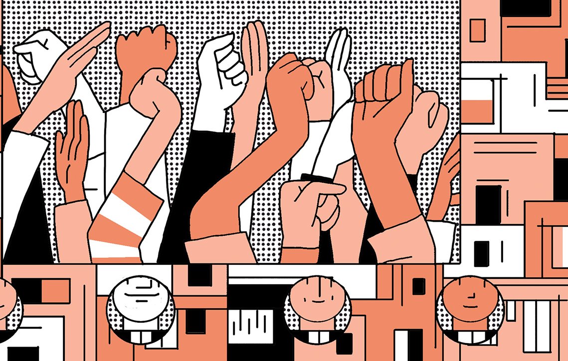L'image présente plusieurs poings levés, symbolisant la résistance ou la protestation. Les poings sont dessinés dans des tons de peau variés, avec des motifs graphiques en arrière-plan. En dessous, on voit des visages souriants et stylisés, possiblement représentant des soutiens ou des participants à un mouvement collectif. L'ensemble crée une ambiance dynamique et engagée, illustrant des thèmes de solidarité et de lutte.