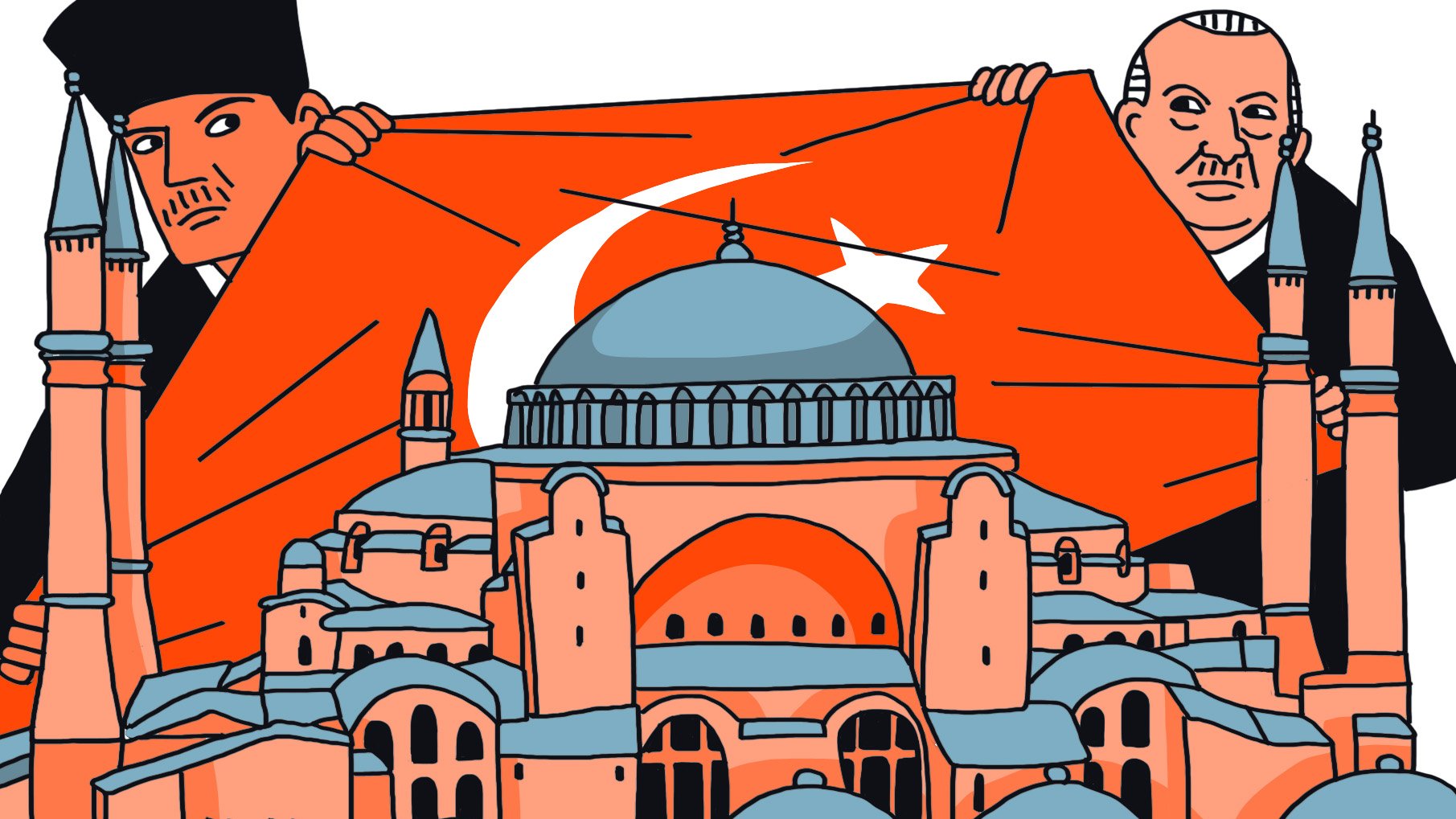 L'image montre deux personnages tenant un grand drapeau turc qui recouvre partiellement une célèbre structure architecturale. Au premier plan, on peut voir la basilique Sainte-Sophie, identifiable par sa grande coupole et ses minarets. Les personnages semblent symboliser un moment important lié à l'histoire ou la culture de la Turquie. Les couleurs sont vives, avec des tons d'orange et de bleu, ce qui donne une ambiance graphique et stylisée à l'ensemble.
