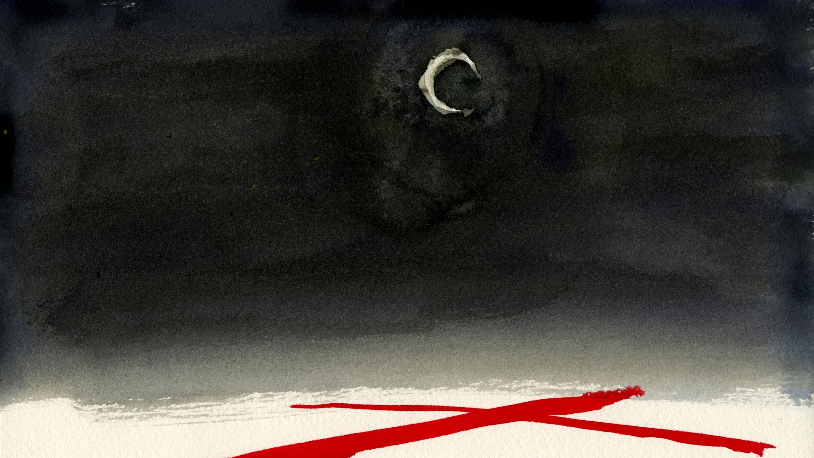 L'image présente un ciel sombre, presque noir, avec une lune croissante visible et mystérieuse. En bas, deux grandes lignes rouges croisées se détachent sur un fond plus clair, créant un effet de contraste fort. L'ambiance générale est à la fois énigmatique et expressive, suggérant une scène nocturne où le rouge vividement accentué attire l'œil.