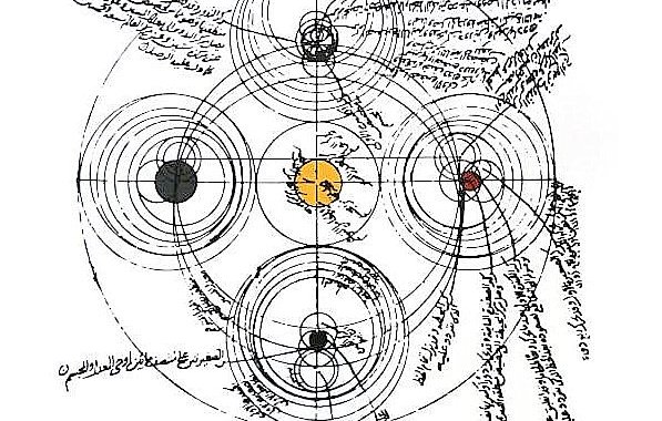 L'image que vous avez partagée semble représenter un diagramme circulaire complexe, probablement lié à des concepts scientifiques ou philosophiques. Au centre, on peut voir des cercles concentriques de différentes couleurs, avec des inscriptions en écriture stylisée autour. Ces inscriptions pourraient renfermer des idées ou des explications sur le sujet traité. Les cercles pourraient symboliser des orbites ou des relations entre des éléments, suggérant une forme de représentation cosmologique ou astronomique. L'ensemble évoque une étude ancienne, mêlant art et science.